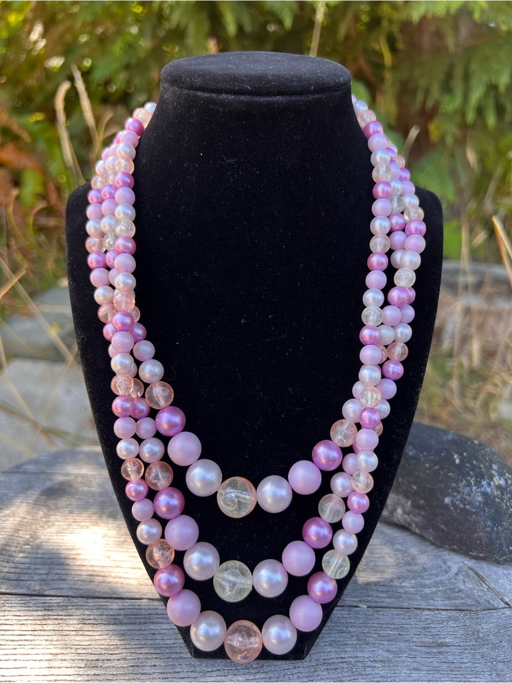 Vintage Elegant Pink Multi-Strand Beaded Necklace